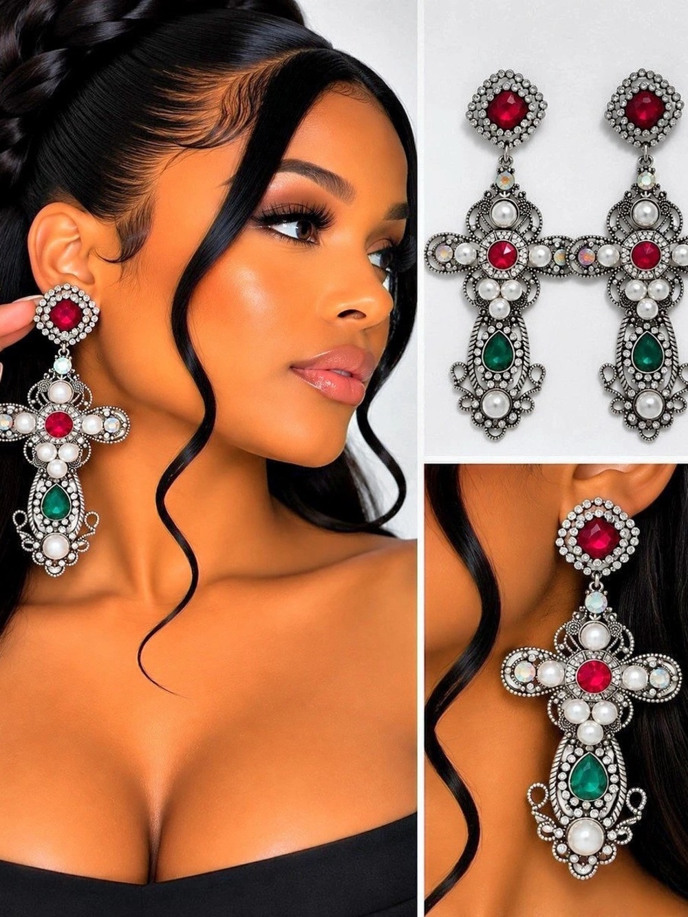Red & Silver Cross Drop Earrings Like New